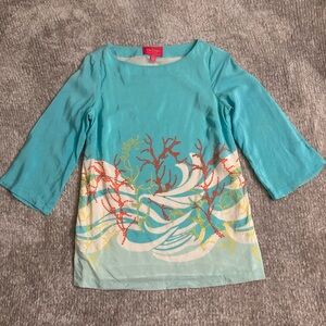 Lilly Pulitzer Jubilee Silk Tunic Sz 8 Aqua Coral Wave Print Coastal Resortwear